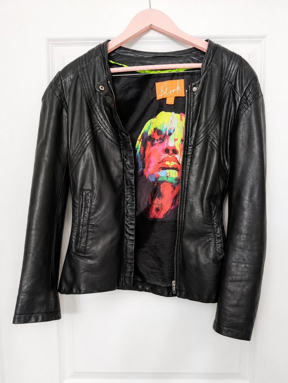 S Black Genuine Leather Jacket With Graphic Satin Inlay
